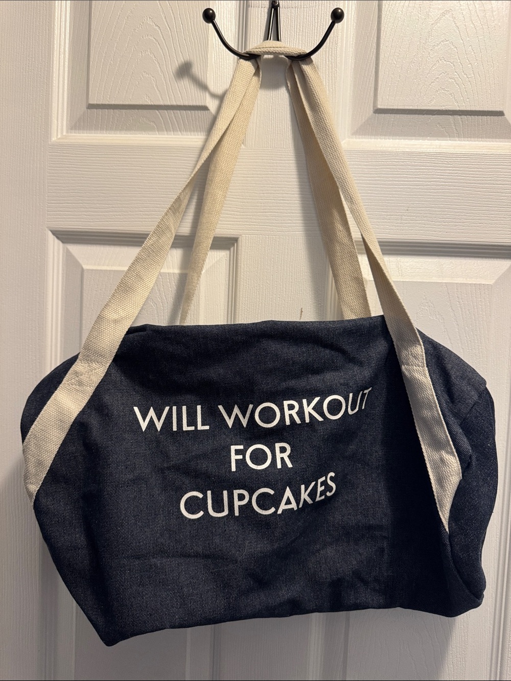 Source Unknown Navy Duffel Bag with Cream Straps - WILL WORKOUT FOR CUPCAKES
